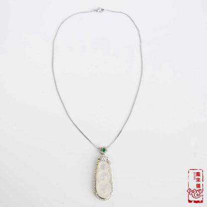 Gourd / Pea Pod (平安豆 ) Pendant Silver Necklace - Chinese Icy White Agate Charm Necklace