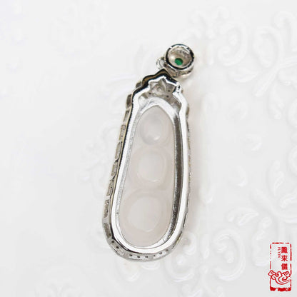 Gourd / Pea Pod (平安豆 ) Pendant Silver Necklace - Chinese Icy White Agate Charm Necklace