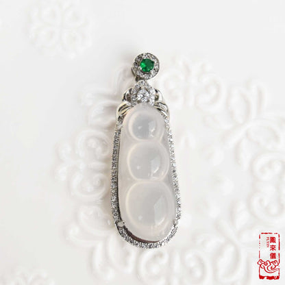 Gourd / Pea Pod (平安豆 ) Pendant Silver Necklace - Chinese Icy White Agate Charm Necklace