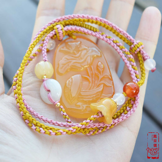 Orange Agate Lotus Necklace - Flower Pendant Braided Necklace