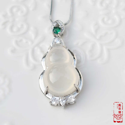 Gourd / Pea Pod (平安豆 ) Pendant Silver Necklace - Chinese Icy White Agate Charm Necklace