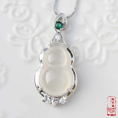 Gourd / Pea Pod (平安豆 ) Pendant Silver Necklace - Chinese Icy White Agate Charm Necklace