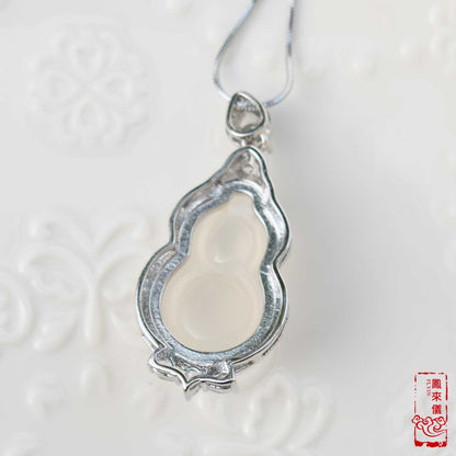 Gourd / Pea Pod (平安豆 ) Pendant Silver Necklace - Chinese Icy White Agate Charm Necklace
