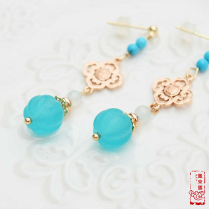 Blue Pumpkin Bead Golden Earrings - Chinese Agate Earrings