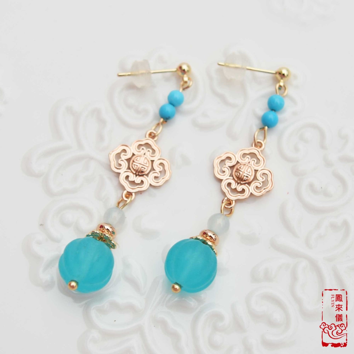Blue Pumpkin Bead Golden Earrings - Chinese Agate Earrings