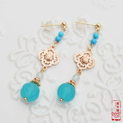 Blue Pumpkin Bead Golden Earrings - Chinese Agate Earrings