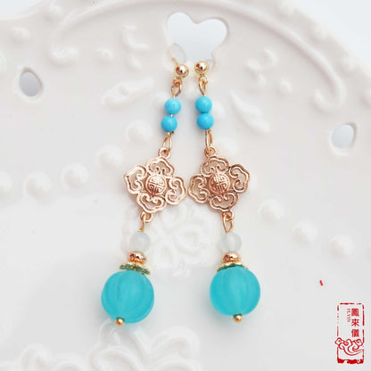 Blue Pumpkin Bead Golden Earrings - Chinese Agate Earrings