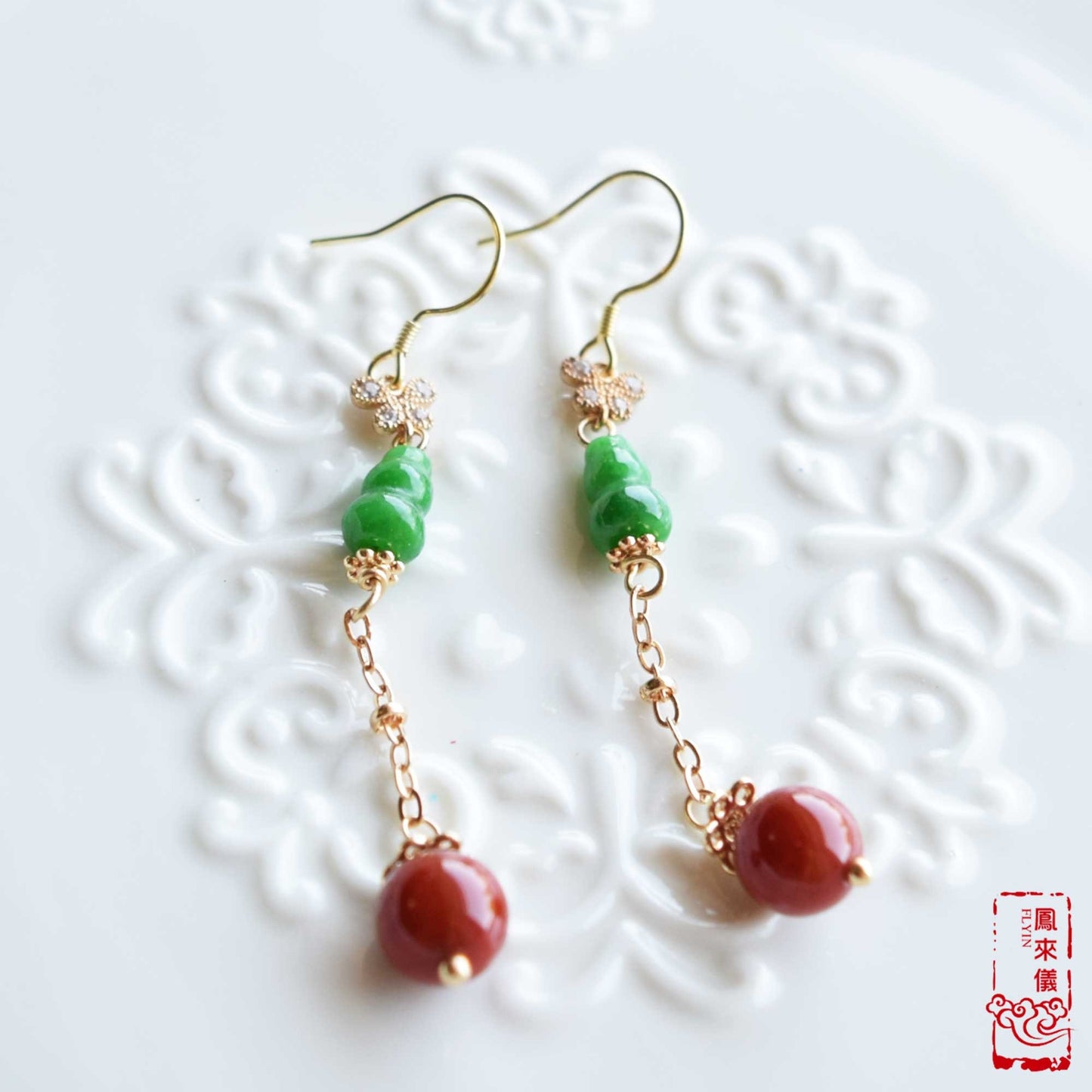 Green Jade Gourd Dangle Earrings: Chinese Good Luck Jewelry