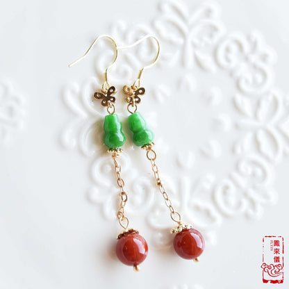 Green Jade Gourd Dangle Earrings: Chinese Good Luck Jewelry