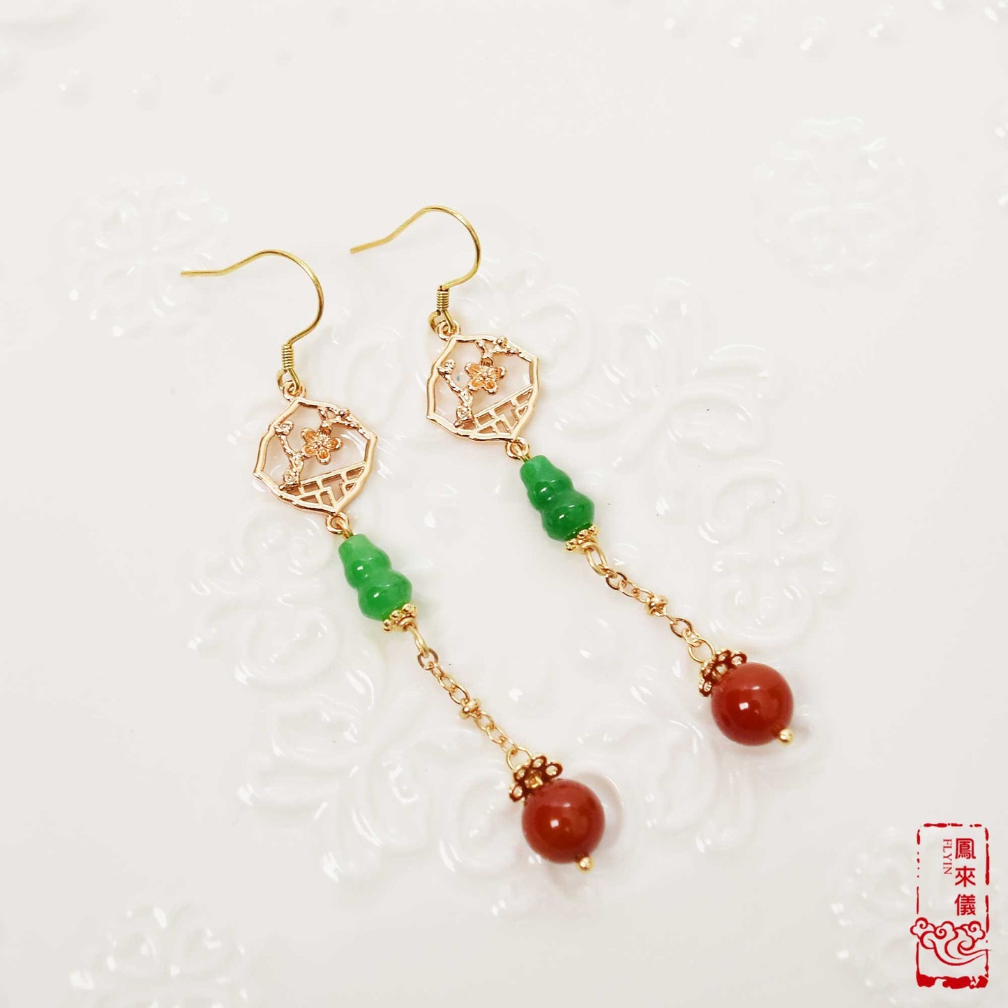 Green Jade Gourd Dangle Earrings: Chinese Good Luck Jewelry