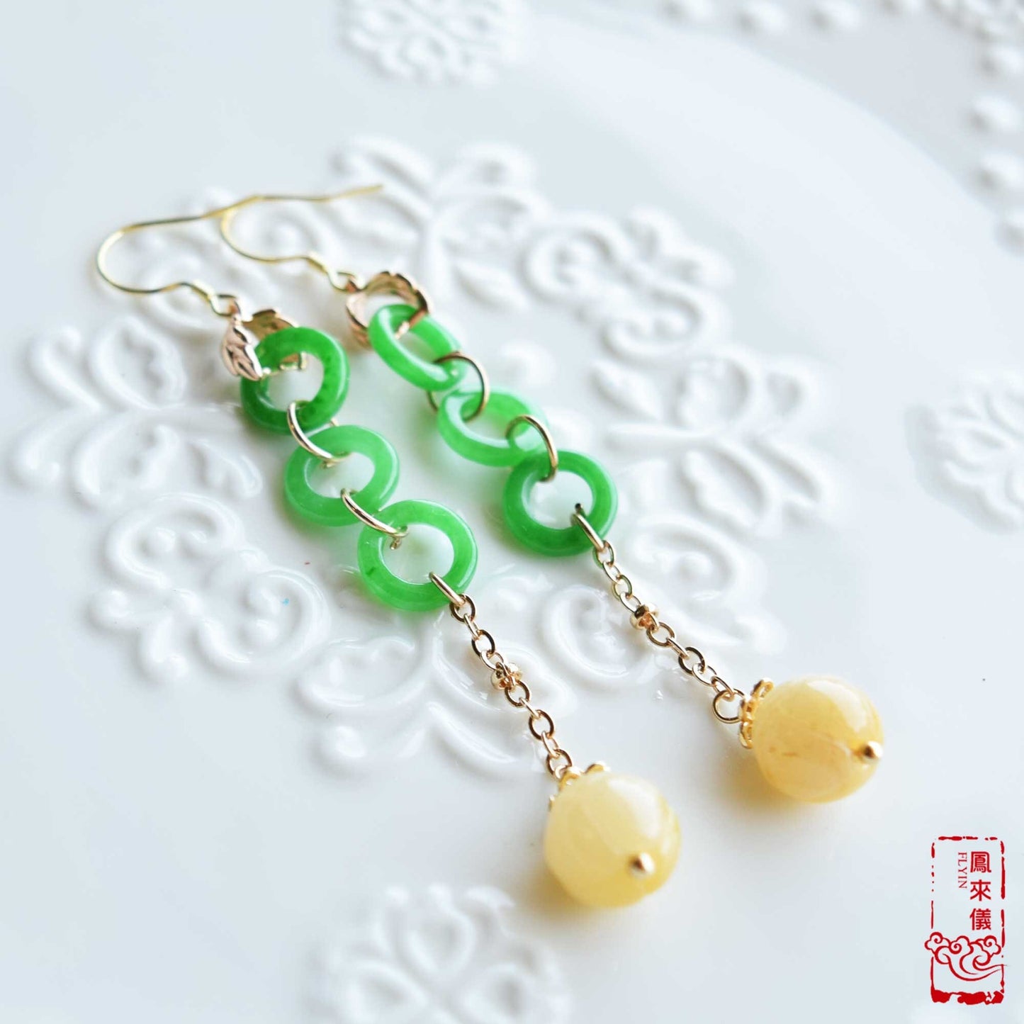 Green Jade Circle Dangle Earrings