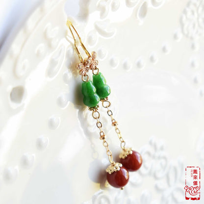 Green Jade Gourd Dangle Earrings: Chinese Good Luck Jewelry