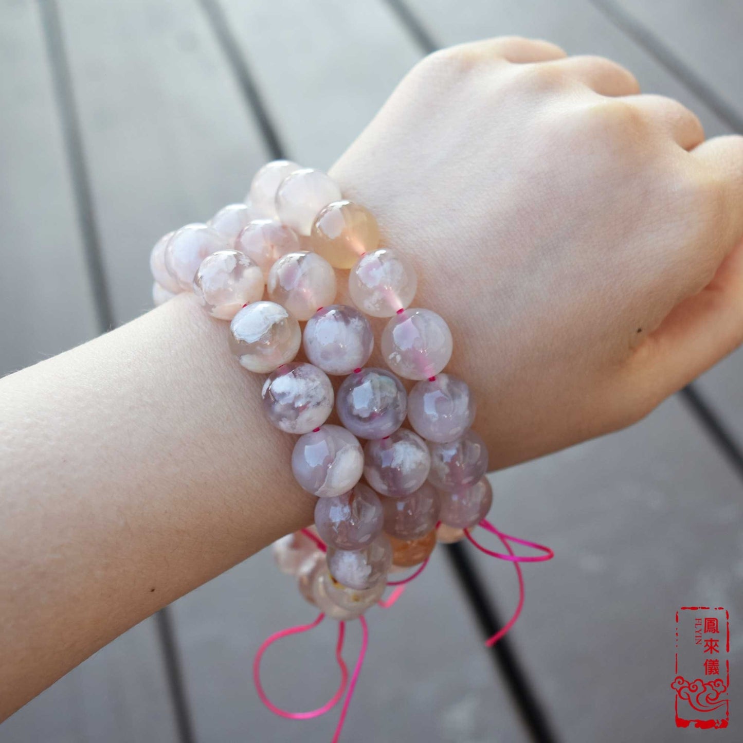 12mm Sakura Agate Beaded Bracelet: Icy Pink Agate