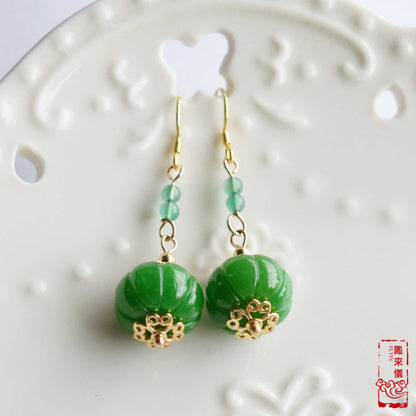 Green Jade Pumpkin Dangle Earrings - Gold Jade Chinese Jewelry