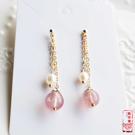 Strawberry Quartz Pearl Long Earrings - Natural Crystal Earrings