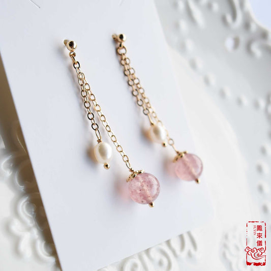 Strawberry Quartz Pearl Long Earrings - Natural Crystal Earrings