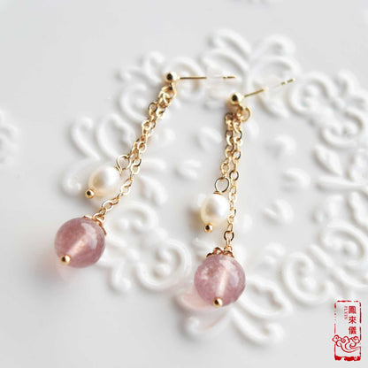 Strawberry Quartz Pearl Long Earrings - Natural Crystal Earrings