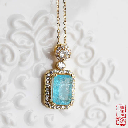 Blue Pink Crystals Pendant Necklace Bracelet - Stainless Steel Golden Neckalce