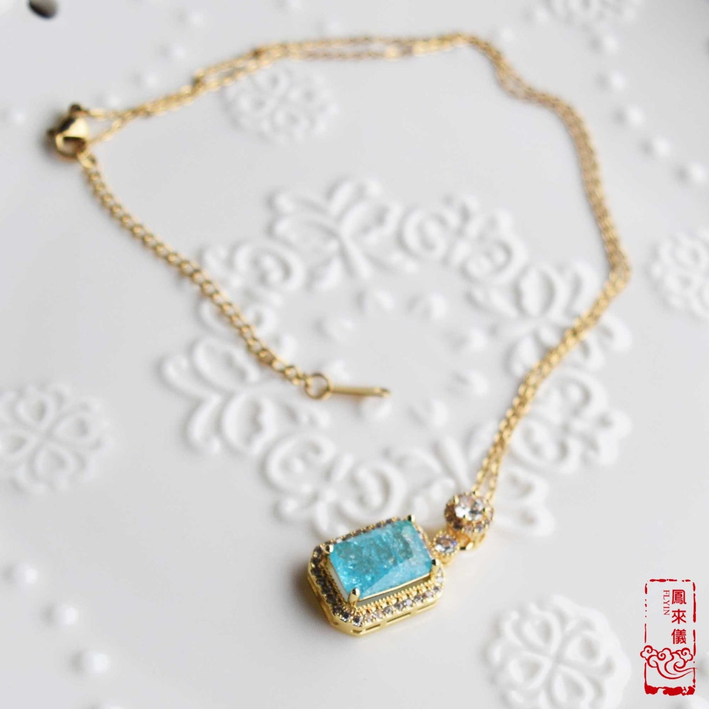 Blue Pink Crystals Pendant Necklace Bracelet - Stainless Steel Golden Neckalce