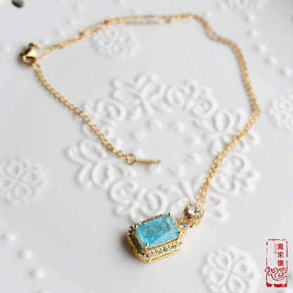 Blue Pink Crystals Pendant Necklace Bracelet - Stainless Steel Golden Neckalce