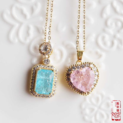 Blue Pink Crystals Pendant Necklace Bracelet - Stainless Steel Golden Neckalce
