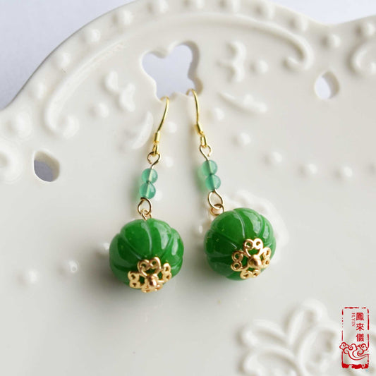 Green Jade Pumpkin Dangle Earrings - Gold Jade Chinese Jewelry