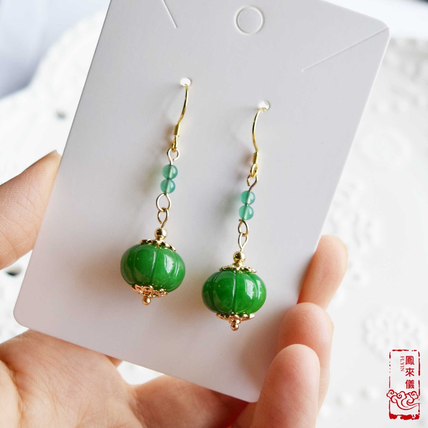 Green Jade Pumpkin Dangle Earrings - Gold Jade Chinese Jewelry