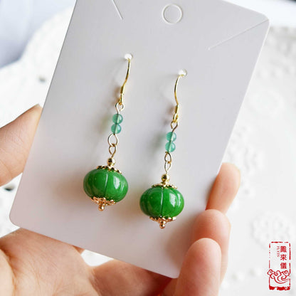 Green Jade Pumpkin Dangle Earrings - Gold Jade Chinese Jewelry