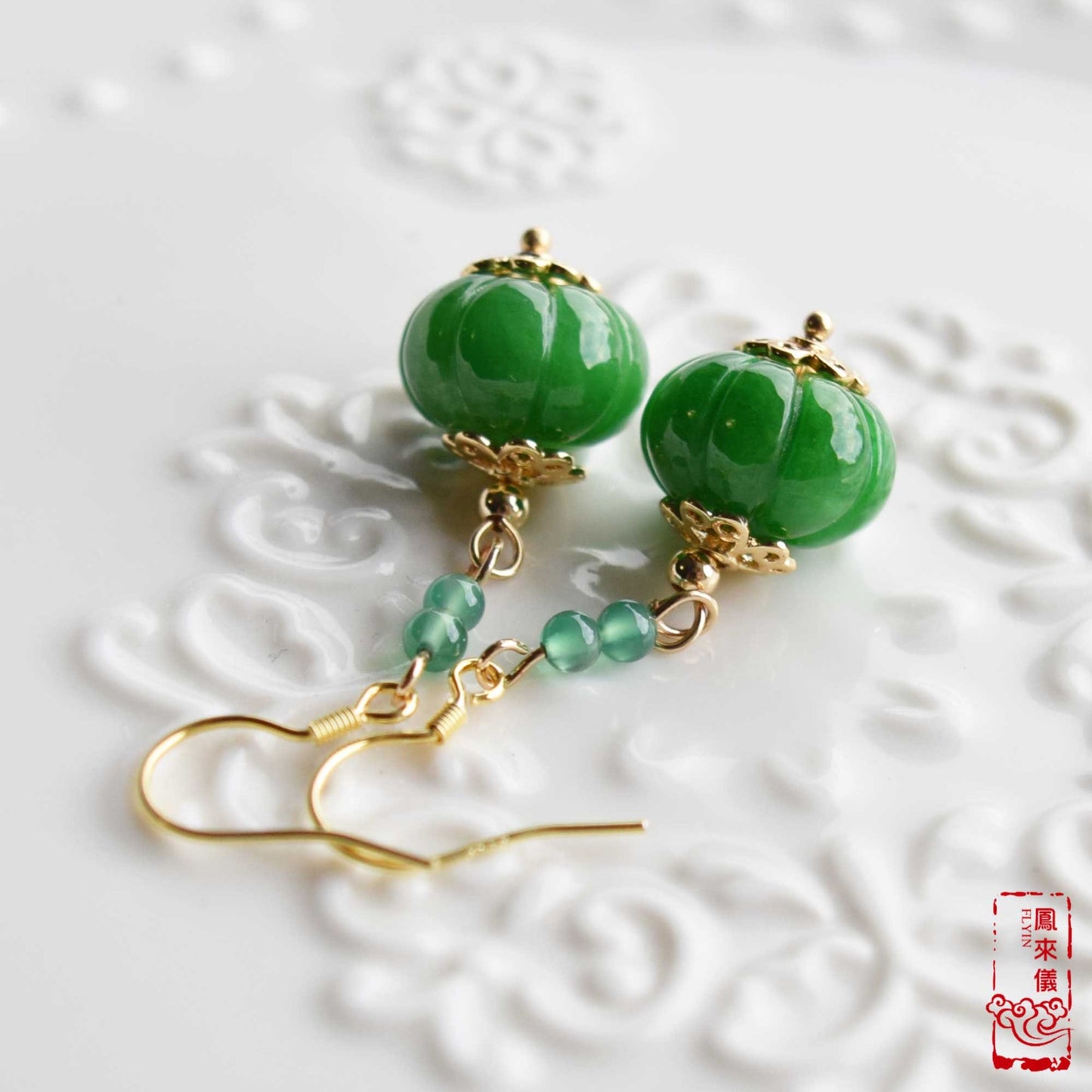 Green Jade Pumpkin Dangle Earrings - Gold Jade Chinese Jewelry