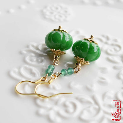 Green Jade Pumpkin Dangle Earrings - Gold Jade Chinese Jewelry