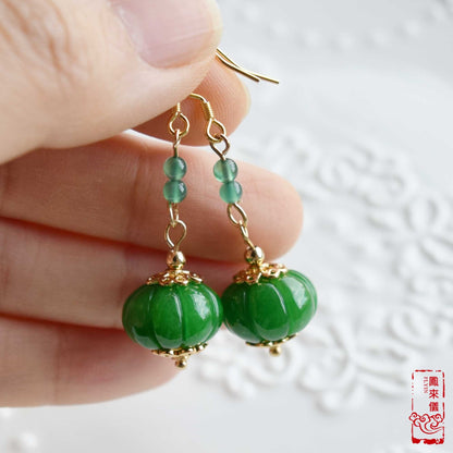 Green Jade Pumpkin Dangle Earrings - Gold Jade Chinese Jewelry
