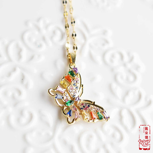 Colorful Crystals Butterfly Pendant Necklace - Stainless Steel Golden Neckalce