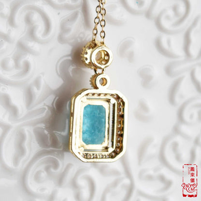 Blue Pink Crystals Pendant Necklace Bracelet - Stainless Steel Golden Neckalce