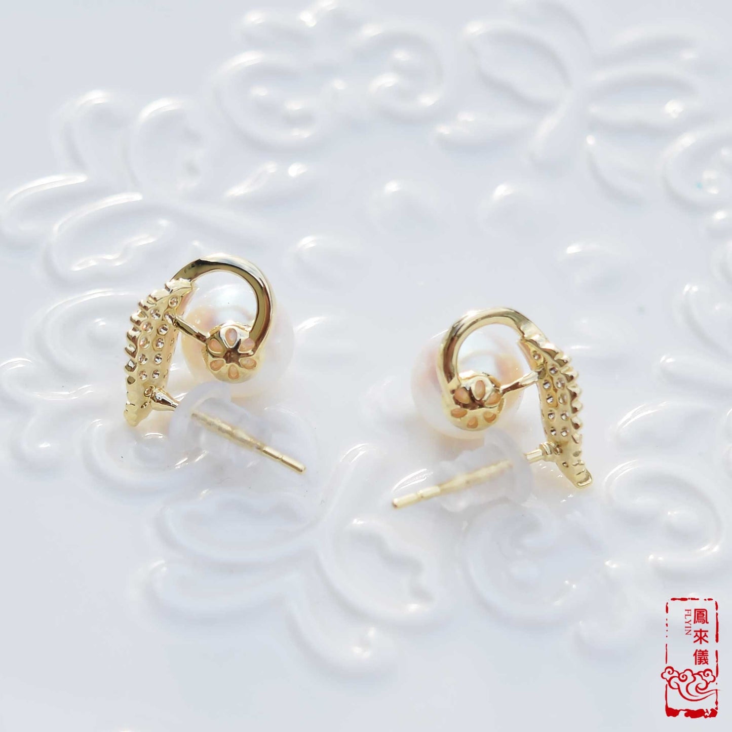 Gold Leaf Stud Earrings - Pearl Cz Diamond Earrings