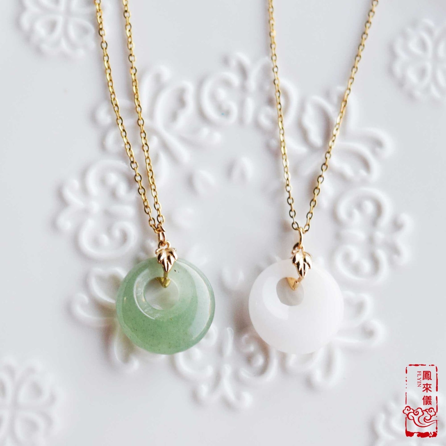 Jade Peace Buckle Necklace- Green Aventurine / White Quartz Jade - Stainless Steel Chain