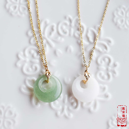 Jade Peace Buckle Necklace- Green Aventurine / White Quartz Jade - Stainless Steel Chain