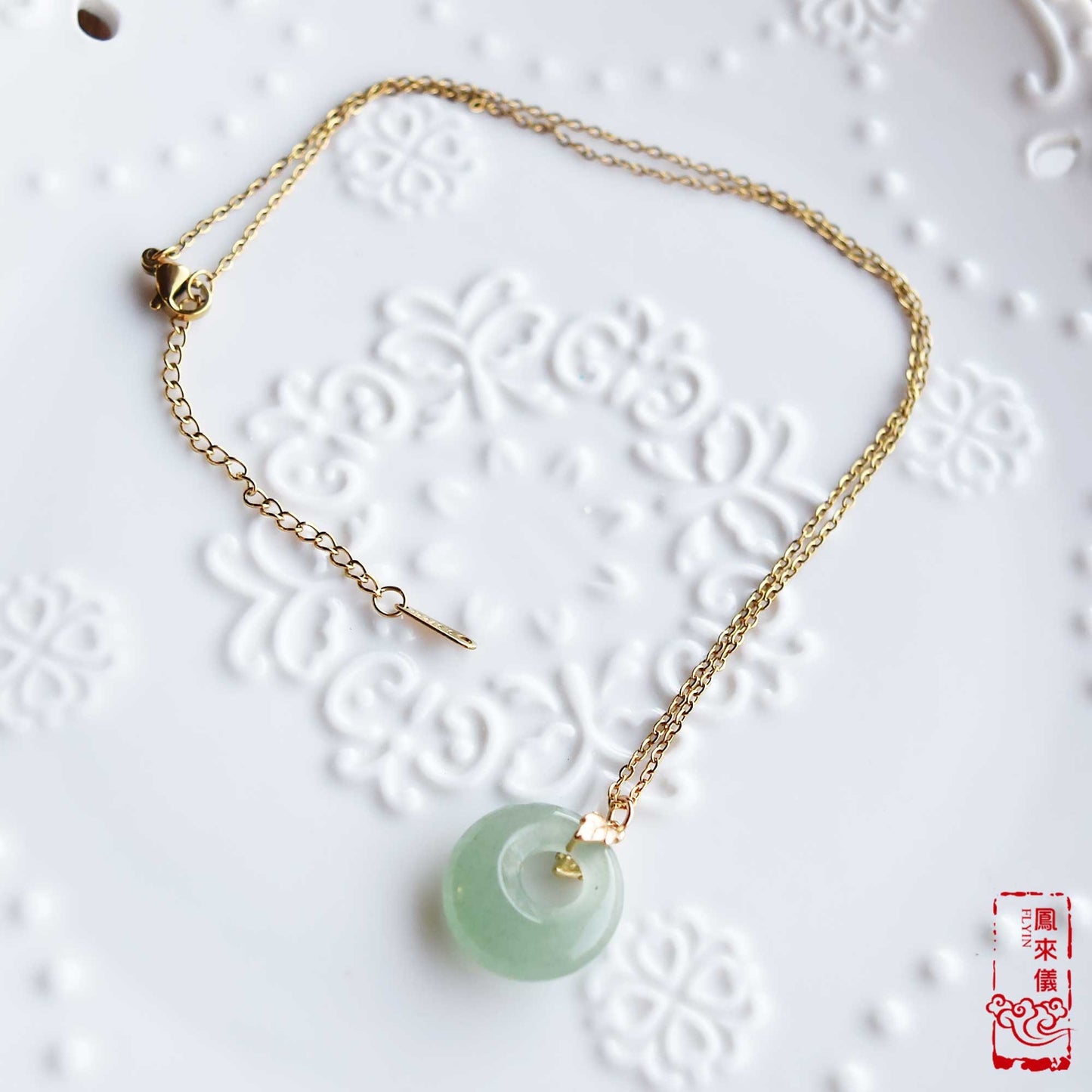 Jade Peace Buckle Necklace- Green Aventurine / White Quartz Jade - Stainless Steel Chain