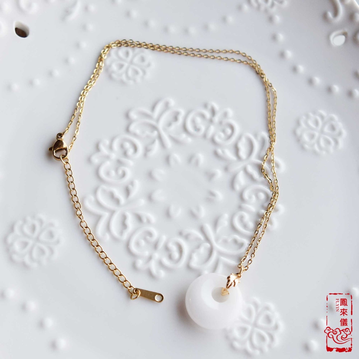 Jade Peace Buckle Necklace- Green Aventurine / White Quartz Jade - Stainless Steel Chain