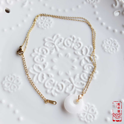 Jade Peace Buckle Necklace- Green Aventurine / White Quartz Jade - Stainless Steel Chain