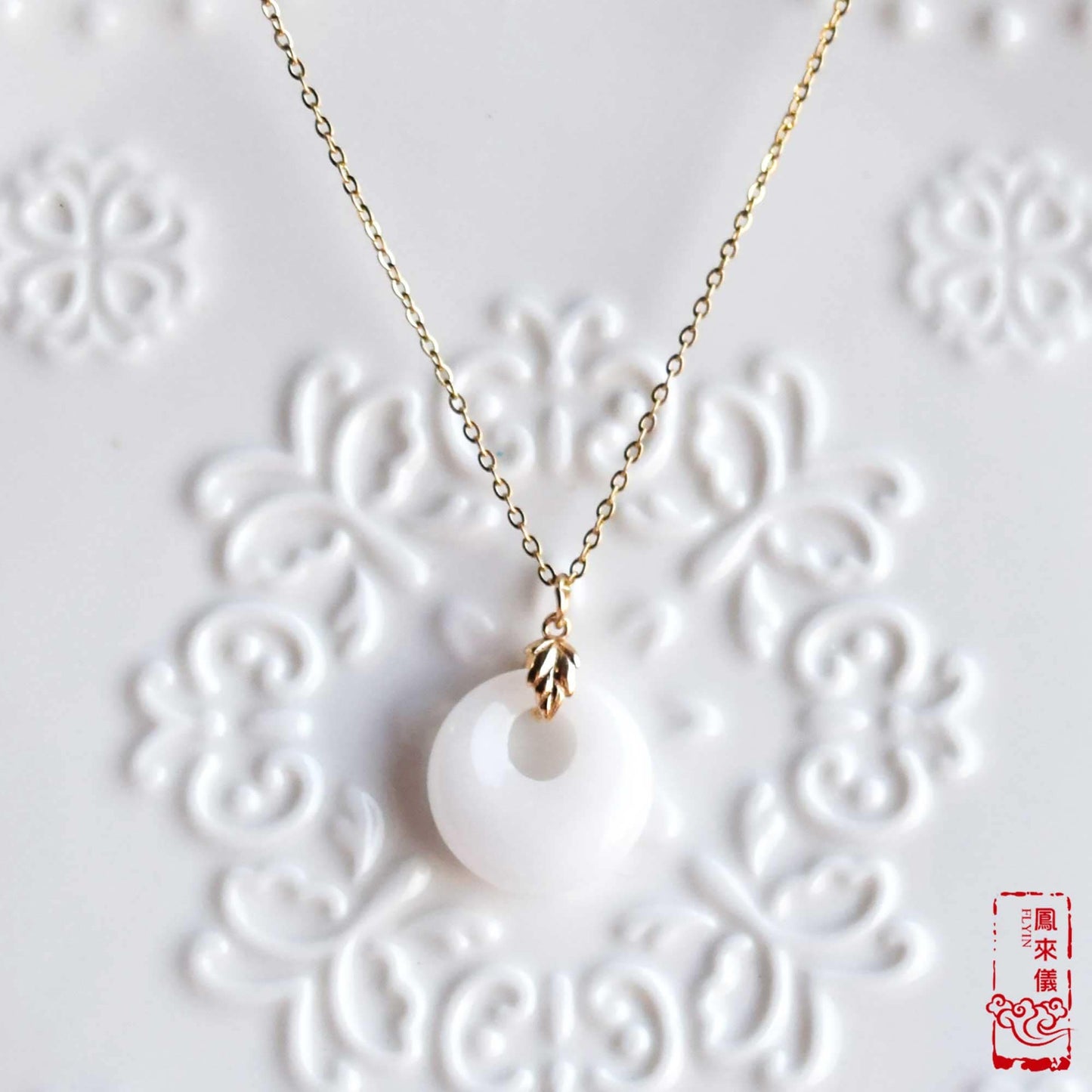 Jade Peace Buckle Necklace- Green Aventurine / White Quartz Jade - Stainless Steel Chain