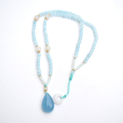 Aquamarine Teardrop Pendant Necklace - Chinese Braided Agate Beads Necklace