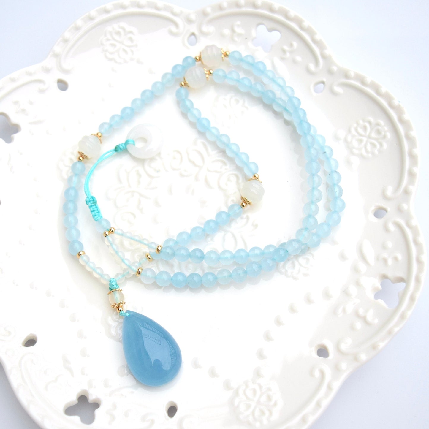Aquamarine Teardrop Pendant Necklace - Chinese Braided Agate Beads Necklace