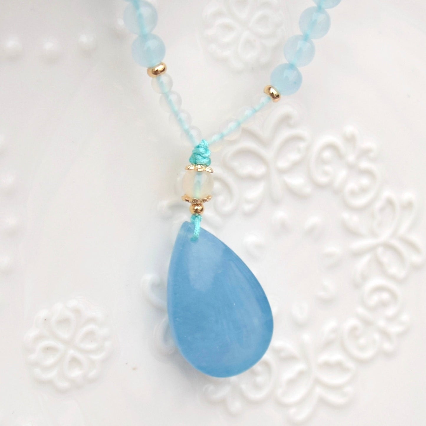 Aquamarine Teardrop Pendant Necklace - Chinese Braided Agate Beads Necklace