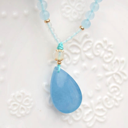 Aquamarine Teardrop Pendant Necklace - Chinese Braided Agate Beads Necklace