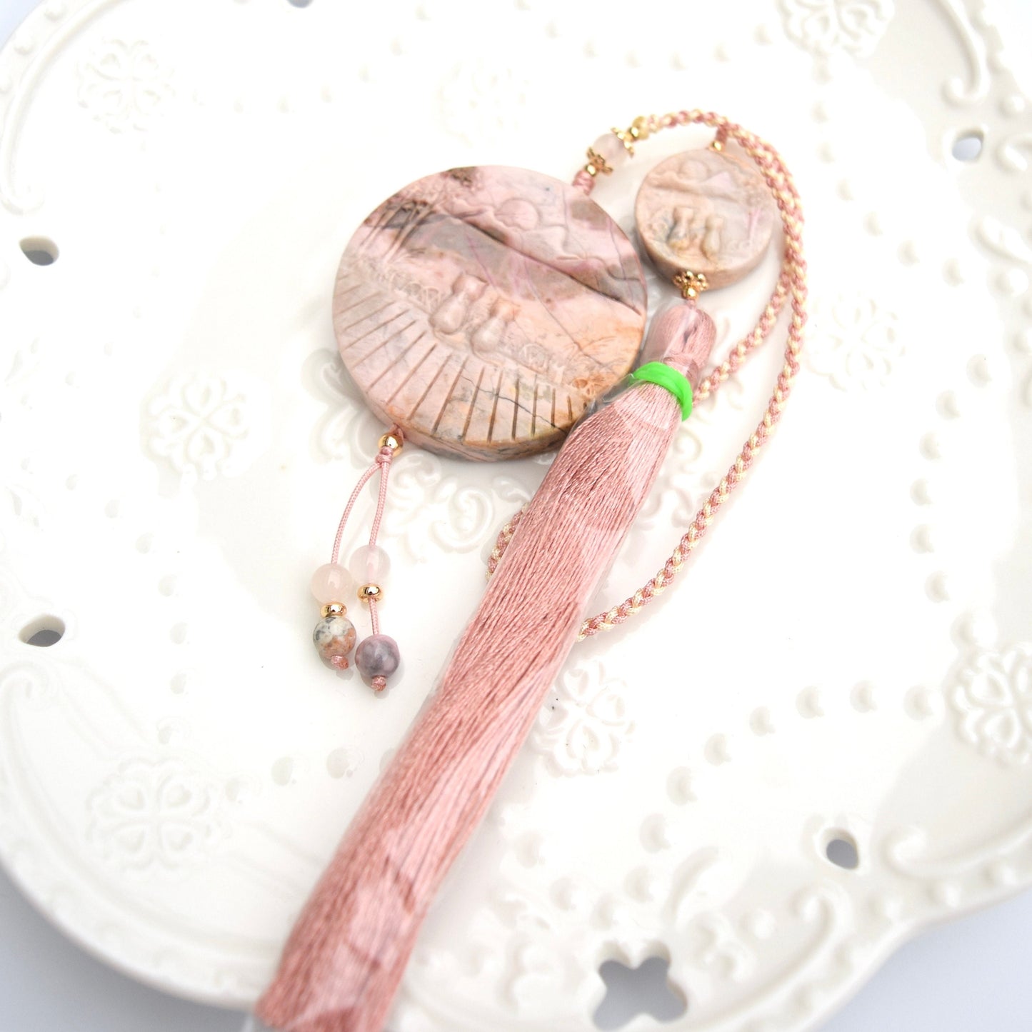 Couple Cats Rhodonite Tassel Accessory - Chinese Bag/Car/Waist Hanging Accessory