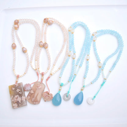 Aquamarine Teardrop Pendant Necklace - Chinese Braided Agate Beads Necklace