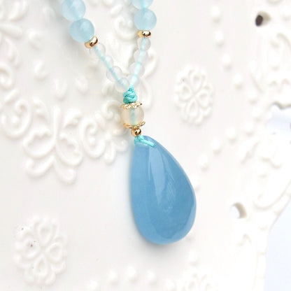 Aquamarine Teardrop Pendant Necklace - Chinese Braided Agate Beads Necklace
