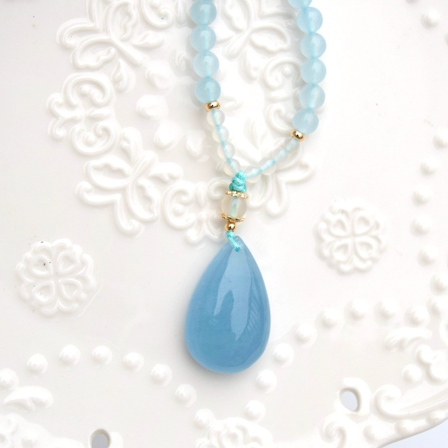 Aquamarine Teardrop Pendant Necklace - Chinese Braided Agate Beads Necklace