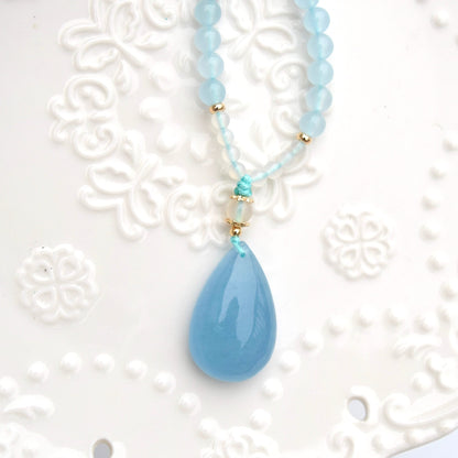 Aquamarine Teardrop Pendant Necklace - Chinese Braided Agate Beads Necklace