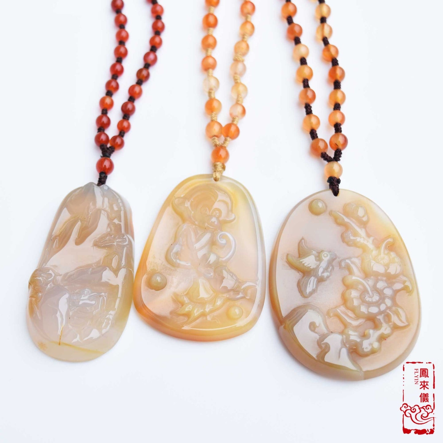 Natural Agate Pendant Long Necklace - Bird Flower 花鳥